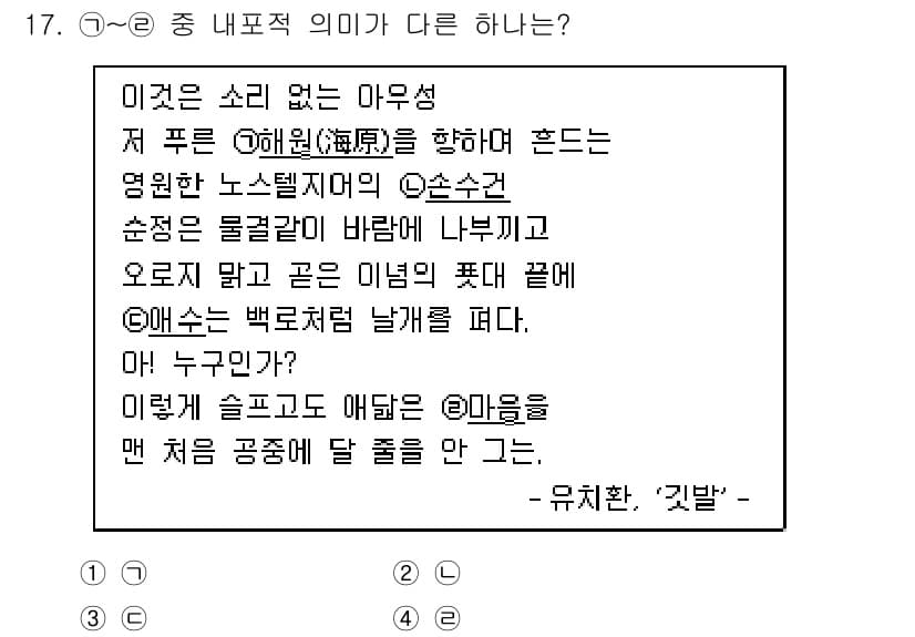 9급_지방직_공무원_국어 2015년 17번 - 주어진 문제에서 ①, ②, ③ 중에서 내포적 의미가 다른 항목은 1번입니... 에 관한 핵심 기출문제