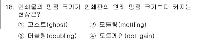 디지털인쇄산업기사 2019년 18번 - 인쇄물의 망점 크기가 인쇄판의 원래 망점 크기보다 커지는 현상은 '도트게... 에 관한 핵심 기출문제