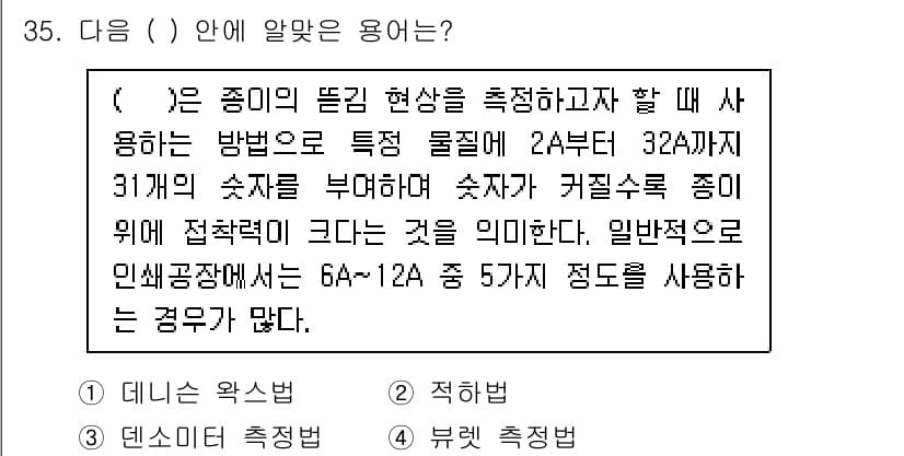 디지털인쇄산업기사 2019년 35번 - 주어진 설명은 전기 용량이나 전류의 측정을 위한 방법에 대한 내용입니다.... 에 관한 핵심 기출문제