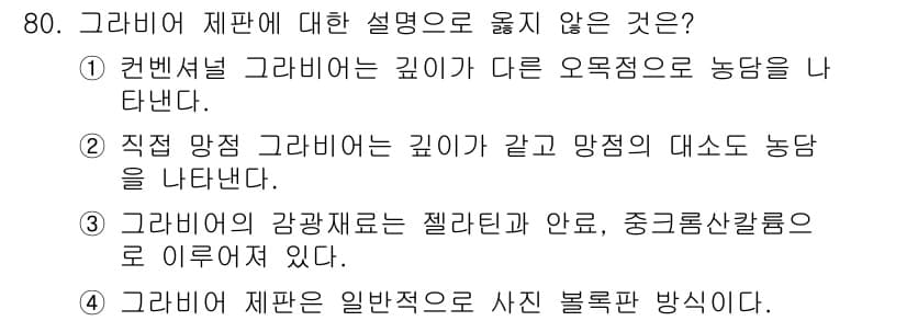 디지털인쇄산업기사 2019년 80번 - 그라비어 제판은 일반적으로 사진 복제 방식으로 사용되는 인쇄 기술입니다.... 에 관한 핵심 기출문제
