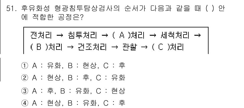 침투비파괴검사기사(구) 2021년 51번 - 후유화성 형광침투탐상검사의 순서는 '전처리 → 침투처리 → 세척처리 → ... 에 관한 핵심 기출문제