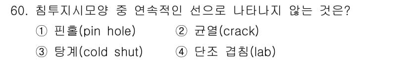 침투비파괴검사기사(구) 2021년 60번 - '단조 격침(lab)'은 연속적인 선적 결함이 아닌 특정한 결함 유형으로... 에 관한 핵심 기출문제