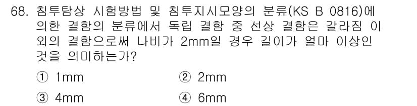 침투비파괴검사기사(구) 2021년 68번 - 주어진 문제에서 '나비가 2mm일 경우 길이가 얼마 이상인 것을 의미하는... 에 관한 핵심 기출문제