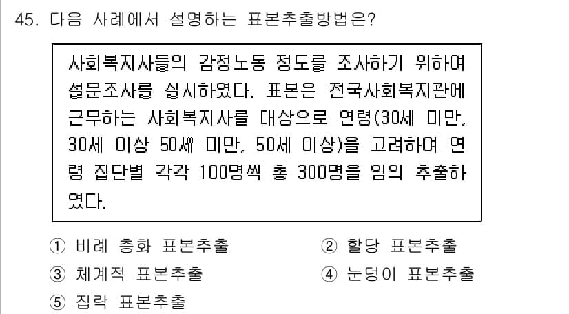 사회복지사_1급(1교시)(구) 2021년 45번 - 주어진 사례에서는 사회복지사들을 연령대별로 나누어 각 집단에서 일정 수의... 에 관한 핵심 기출문제