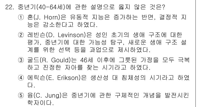 사회복지사_1급(1교시) 2021년 22번 - 문제에서 요구하는 것은 중년기(40-64세)에 대한 설명으로 옳지 않은 ... 에 관한 핵심 기출문제