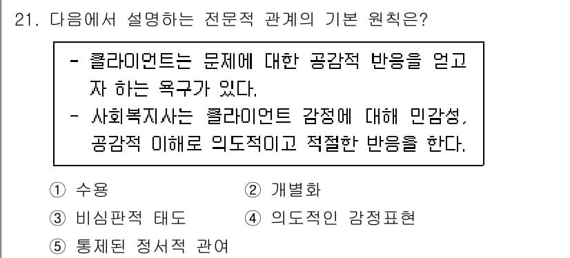 사회복지사_1급(2교시)(구) 2021년 21번 - 이 문제에서 설명하는 전문적 관계의 기본 원칙은 사회복지사와 클라이언트 ... 에 관한 핵심 기출문제