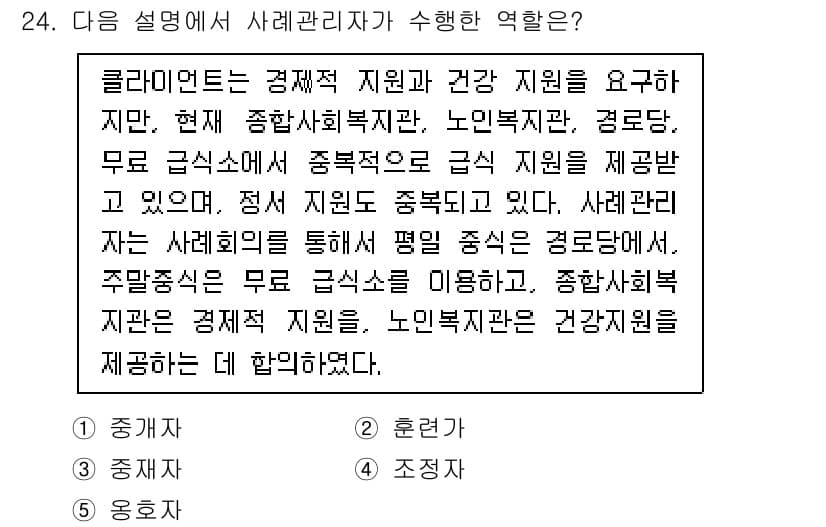 사회복지사_1급(2교시)(구) 2021년 24번 - 주어진 설명에서는 사례관리자가 경제적 지원과 건강 지원을 조정하며, 여러... 에 관한 핵심 기출문제