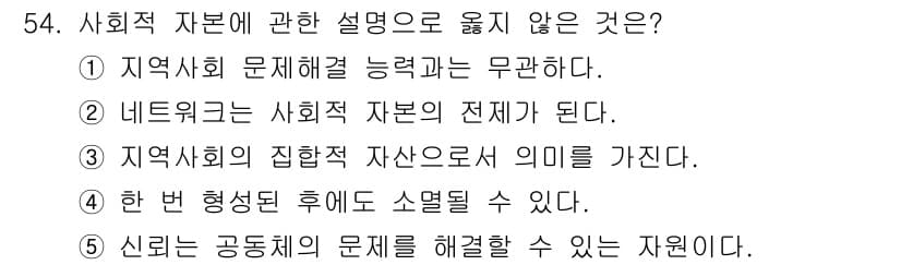사회복지사_1급(2교시)(구) 2021년 54번 - 정답인 '1'은 지역사회 문제해결 능력과 사회적 자본의 개념이 직접적으로... 에 관한 핵심 기출문제