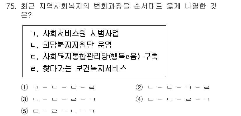 사회복지사_1급(2교시)(구) 2021년 75번 - 정답 '4'는 최근 지역사회복지의 변화 과정을 잘 반영합니다. 먼저, 사... 에 관한 핵심 기출문제