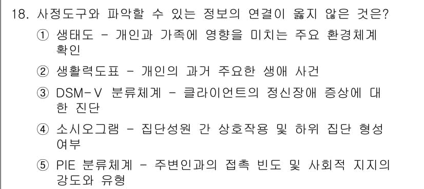 사회복지사_1급(2교시) 2021년 18번 - 정답 '5'는 PIE 분석체계가 사회적 지지의 강도와 유형을 다루는 반면... 에 관한 핵심 기출문제