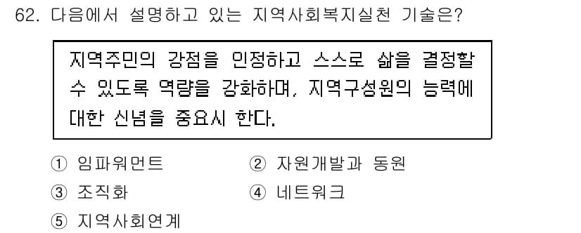 사회복지사_1급(2교시) 2021년 62번 - 정답인 '1. 임파워먼트'는 지역 주민의 강점을 인정하고 그들의 역량을 ... 에 관한 핵심 기출문제