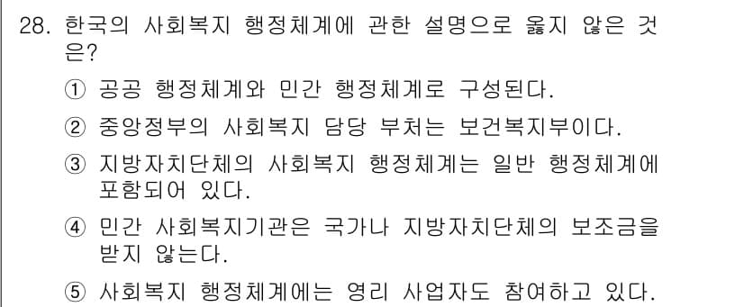 사회복지사_1급(3교시)(구) 2021년 28번 - 민간 사회복지기관은 국가나 지방자치단체의 보조금을 받지 않는다는 설명은 ... 에 관한 핵심 기출문제