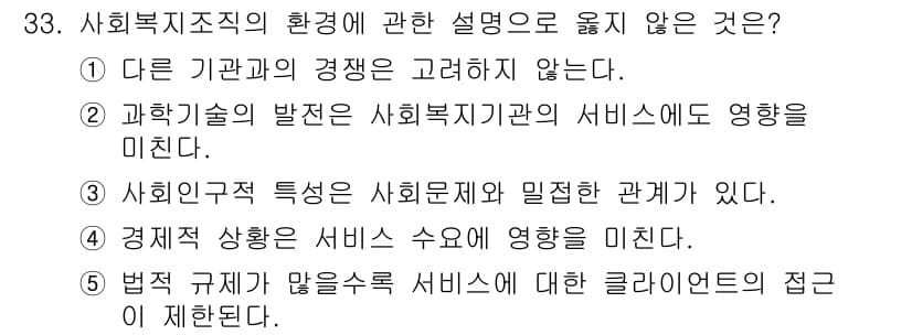 사회복지사_1급(3교시)(구) 2021년 33번 - 정답은 '1'입니다. 사회복지조직은 다른 기관과의 경쟁을 반드시 고려해야... 에 관한 핵심 기출문제