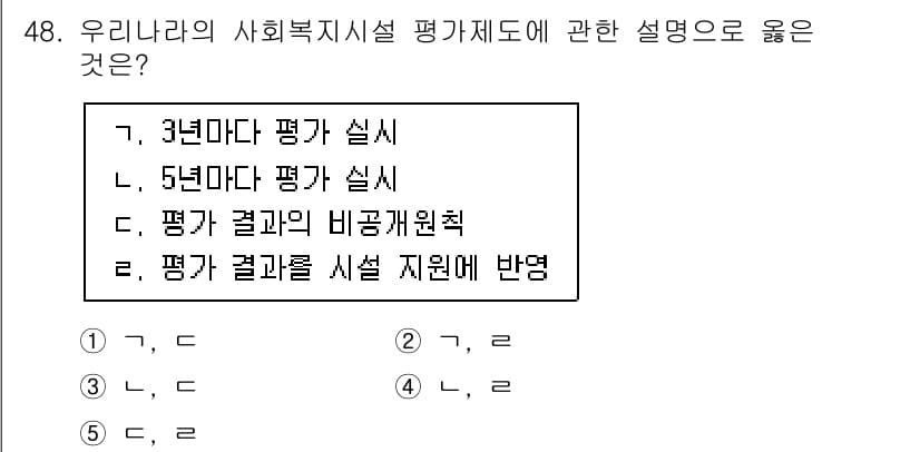 사회복지사_1급(3교시)(구) 2021년 48번 - 사회복지시설 평가제도는 5년마다 평가가 실시되며, 이는 평가 결과를 바탕... 에 관한 핵심 기출문제