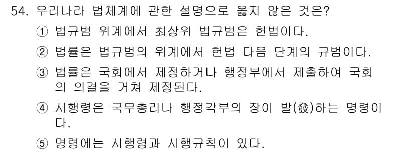 사회복지사_1급(3교시) 2021년 54번 - 정답 '4'는 '시행령은 국무총리나 행정각부의 장이 발하는 명령'이라는 ... 에 관한 핵심 기출문제