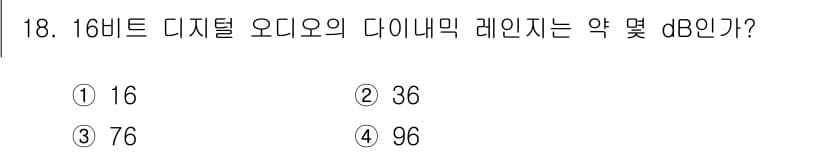 멀티미디어콘텐츠제작전문가 2020년 18번 - 16비트 디지털 오디오의 다이나믹 레인지는 약 96dB입니다. 이는 1비... 에 관한 핵심 기출문제