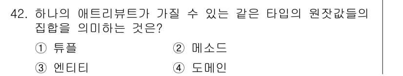 멀티미디어콘텐츠제작전문가 2020년 42번 - '도메인'은 여러 애트리뷰트가 가질 수 있는 같은 타입의 원잿값들의 집합... 에 관한 핵심 기출문제