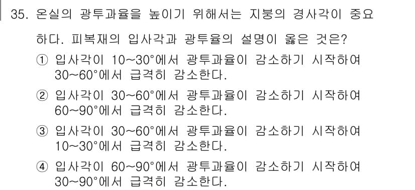 시설원예기사 2021년 35번 - 주어진 문제에서 '광투과율'은 입사각에 따라 다르게 나타나며, 일반적으로... 에 관한 핵심 기출문제