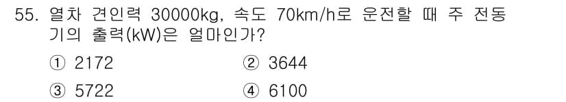 전기철도산업기사 2020년 55번 - 주어진 문제는 열차의 출력(kW)을 계산하는 것입니다. 출력은 '힘 = ... 에 관한 핵심 기출문제