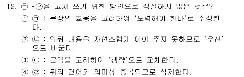 소방공무원(공개,경력)_국어(구) 2020년 12번 - 주어진 문제에서 정답은 '3'입니다. 이유는 '문맥을 고려하여 ‘생각’으... 에 관한 핵심 기출문제