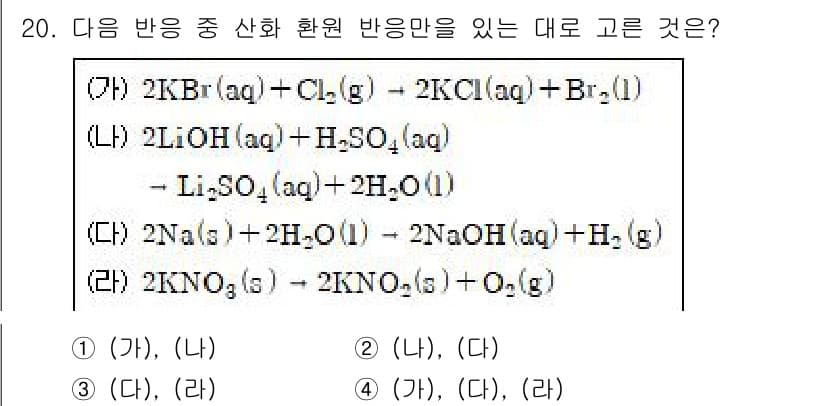 소방공무원(공개)_과학(구) 2021년 20번 - 주어진 문제에서 산화환원 반응은 전자가 이동하는 반응입니다. (가)와 (... 에 관한 핵심 기출문제