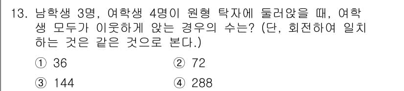 소방공무원(공개)_수학(구) 2021년 13번 - 여학생 4명이 원형 탁자에 둘러앉을 때, 모든 여학생이 이웃하지 않는 경... 에 관한 핵심 기출문제