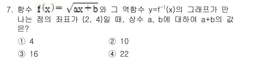 소방공무원(공개)_수학(구) 2021년 7번 - 주어진 함수 f(x) = √(ax + b)의 그래프가 점 (2, 4)을 ... 에 관한 핵심 기출문제