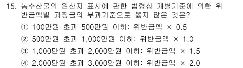 농산물품질관리사_1차 2017년 15번 - 농수산물 원산지 표시와 관련된 법령상 개별기준에 따르면, 위반금액은 특정... 에 관한 핵심 기출문제