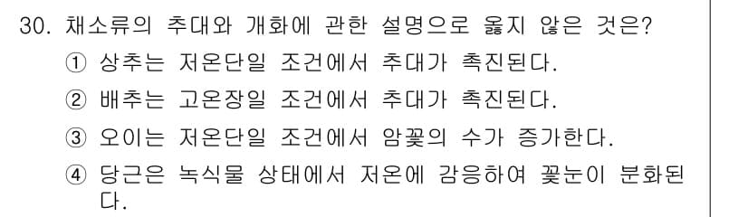 농산물품질관리사_1차 2017년 30번 - 정답은 '1'입니다. 상추는 저온단일 조건에서 촉진되지만, 일반적으로 저... 에 관한 핵심 기출문제