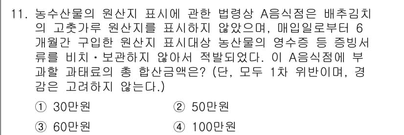 농산물품질관리사_1차 2018년 11번 - 주어진 문제는 농수산물의 원산지 표시와 관련된 법적 기준을 다루고 있습니... 에 관한 핵심 기출문제