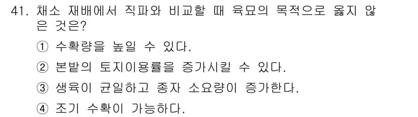 농산물품질관리사_1차 2018년 41번 - 정답 '3'은 생육이 균일하고 종자 소요량이 증가하는 것이 차소 재배의 ... 에 관한 핵심 기출문제