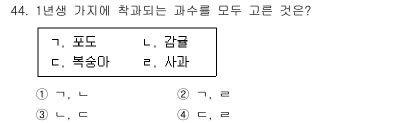 농산물품질관리사_1차 2018년 44번 - 정답 '1'인 이유는 '포도'와 '감귤'이 모두 1학년 과목으로 개설되기... 에 관한 핵심 기출문제
