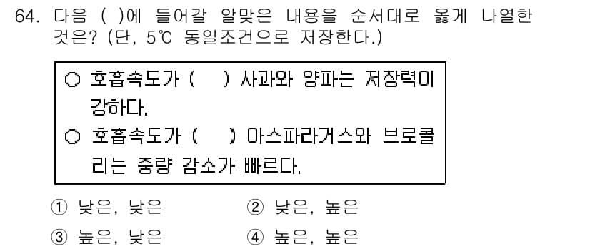 농산물품질관리사_1차 2019년 64번 - 온도가 낮으면 사과와 양파의 저장력이 강해지고, 높은 온도에서는 마스카라... 에 관한 핵심 기출문제