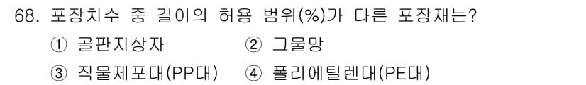 농산물품질관리사_1차 2019년 68번 - 포장재의 허용 범위는 각각의 재질에 따라 다르며, 특히 골판지 상자와 다... 에 관한 핵심 기출문제