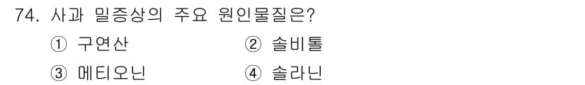 농산물품질관리사_1차 2019년 74번 - 사과 밀증상의 주요 원인물질은 솔비톨입니다. 솔비톨은 사과에서 당의 대사... 에 관한 핵심 기출문제