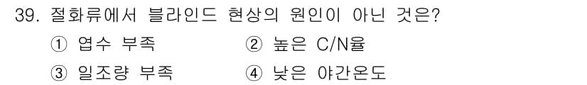 농산물품질관리사_1차 2020년 39번 - 블라인드 현상은 주로 빛의 부족이나 불균형으로 발생합니다. 옵션 중 '높... 에 관한 핵심 기출문제