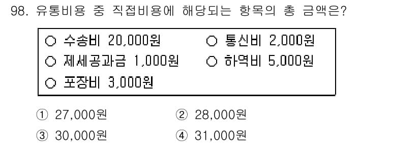 농산물품질관리사_1차 2020년 98번 - 직접 비용에 해당하는 항목은 수송비, 통신비, 재세공과금, 포장비, 하역... 에 관한 핵심 기출문제