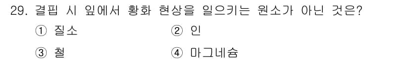 농산물품질관리사_1차 2021년 29번 - 정답 '2'인 '인'은 결핍 시 황화 현상을 일으키는 주요 원소가 아닙니... 에 관한 핵심 기출문제