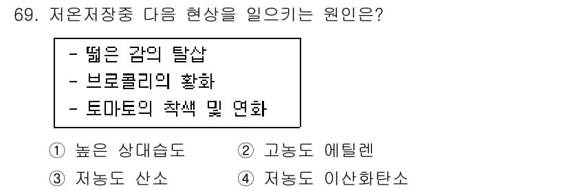 농산물품질관리사_1차 2021년 69번 - 저온저장중 발생하는 현상은 주로 '고농도 에틸렌' 때문입니다. 에틸렌은 ... 에 관한 핵심 기출문제
