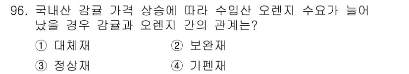 농산물품질관리사_1차 2021년 96번 - 국내산 감귤 가격 상승에 따라 수입산 오렌지 수요가 늘어나는 경우, 감귤... 에 관한 핵심 기출문제