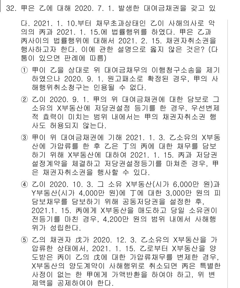 변리사_1차(2교시) 2021년 32번 - 이 문제에서 정답이 '5'인 이유는, 주어진 상황에서 채권자의 권리가 중... 에 관한 핵심 기출문제