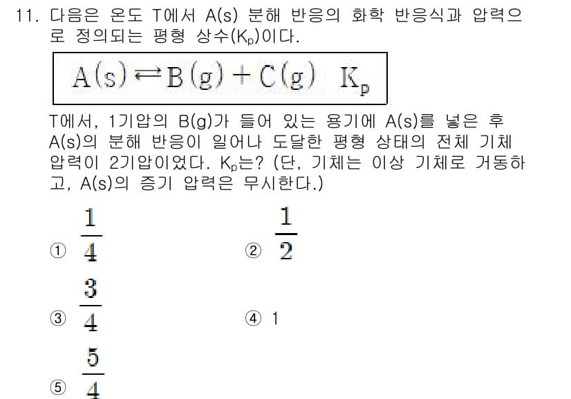 변리사_1차(3교시) 2021년 11번 - 주어진 문제에서 A(s)에 의한 반응의 화학 평형 상수 Kp를 구하는 방... 에 관한 핵심 기출문제