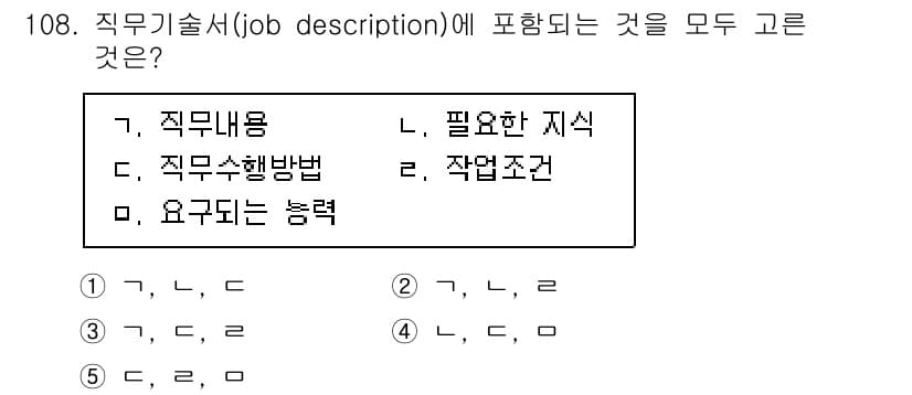 가맹거래사 2021년 108번 - . 직무기술서(job description)에는 직무내용,직무수행방법,작... 에 관한 핵심 기출문제