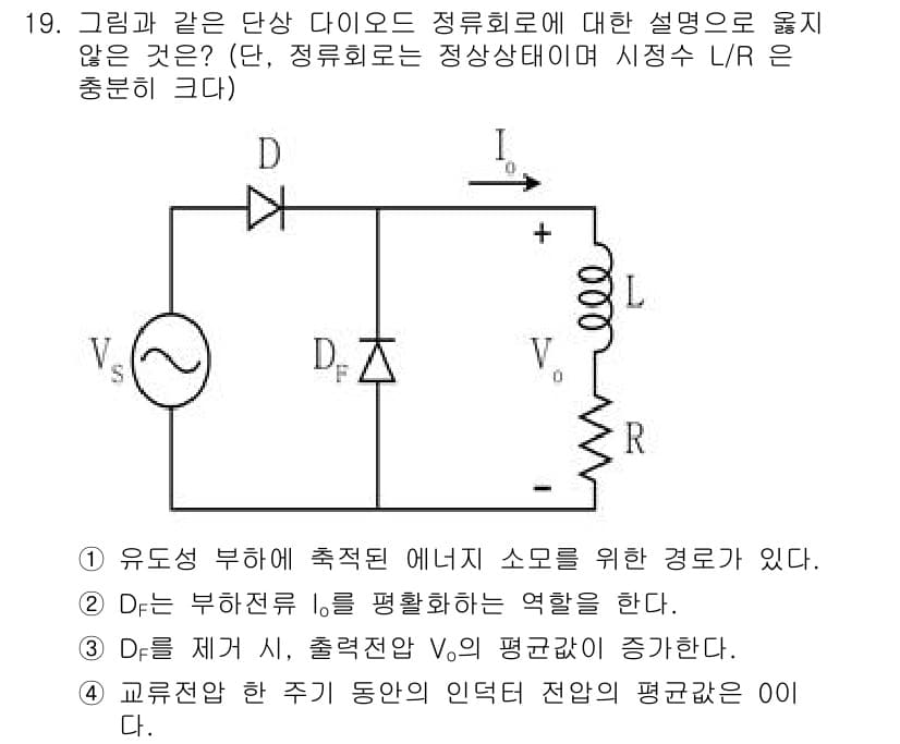 9급_국가직_공무원_전기기기 2021년 19번 - 주어진 회로에서 D는 부하전류 \( I_o \)를 평활화하는 역할을 하며... 에 관한 핵심 기출문제