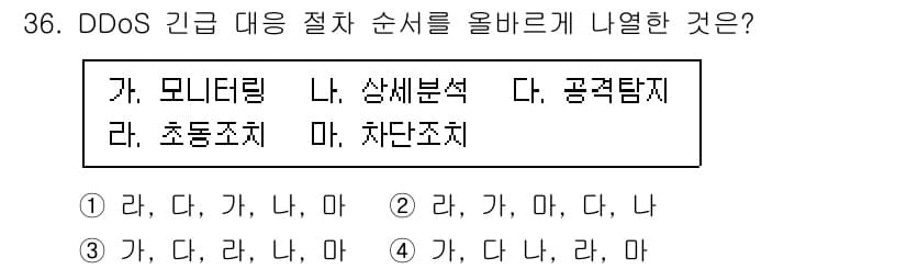 정보보안기사 2016년 36번 - DDoS 긴급 대응 절차는 먼저 '초동조치(라)'를 통해 공격을 차단하고... 에 관한 핵심 기출문제