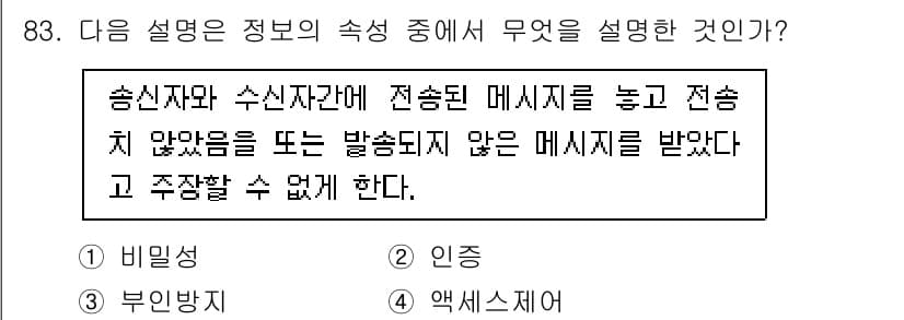 정보보안기사 2016년 83번 - 주어진 설명은 송신자와 수신자 간에 메시지가 제대로 전송되지 않거나, 전... 에 관한 핵심 기출문제