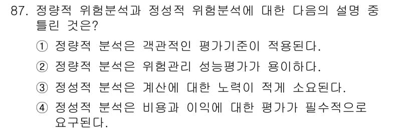 정보보안기사 2016년 87번 - 정량적 위험분석은 객관적 데이터를 기반으로 하여 평가를 진행하므로 평가 ... 에 관한 핵심 기출문제