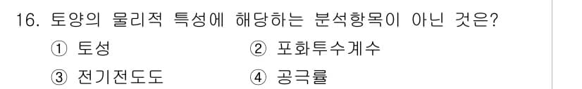 9급_국가직_공무원_조경계획및설계 2021년 16번 - 토양의 물리적 특성과 관련된 분석 항목에는 주로 토성, 포화도, 공극률 ... 에 관한 핵심 기출문제