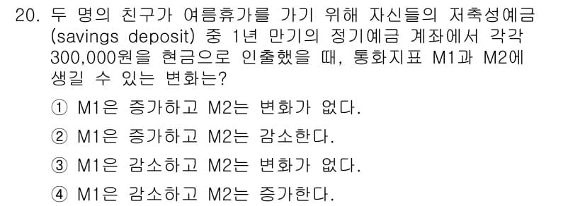 9급_국가직_공무원_경제학개론 2021년 20번 - 정답이 '1'인 이유는 M1은 통화량 중 가장 유동적인 자산을 포함하며,... 에 관한 핵심 기출문제