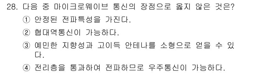 전파전자통신기사 2020년 29번 - 마이크로웨이브 통신의 주요 장점 중 하나는 안정된 전파 특성과 협대역 통... 에 관한 핵심 기출문제